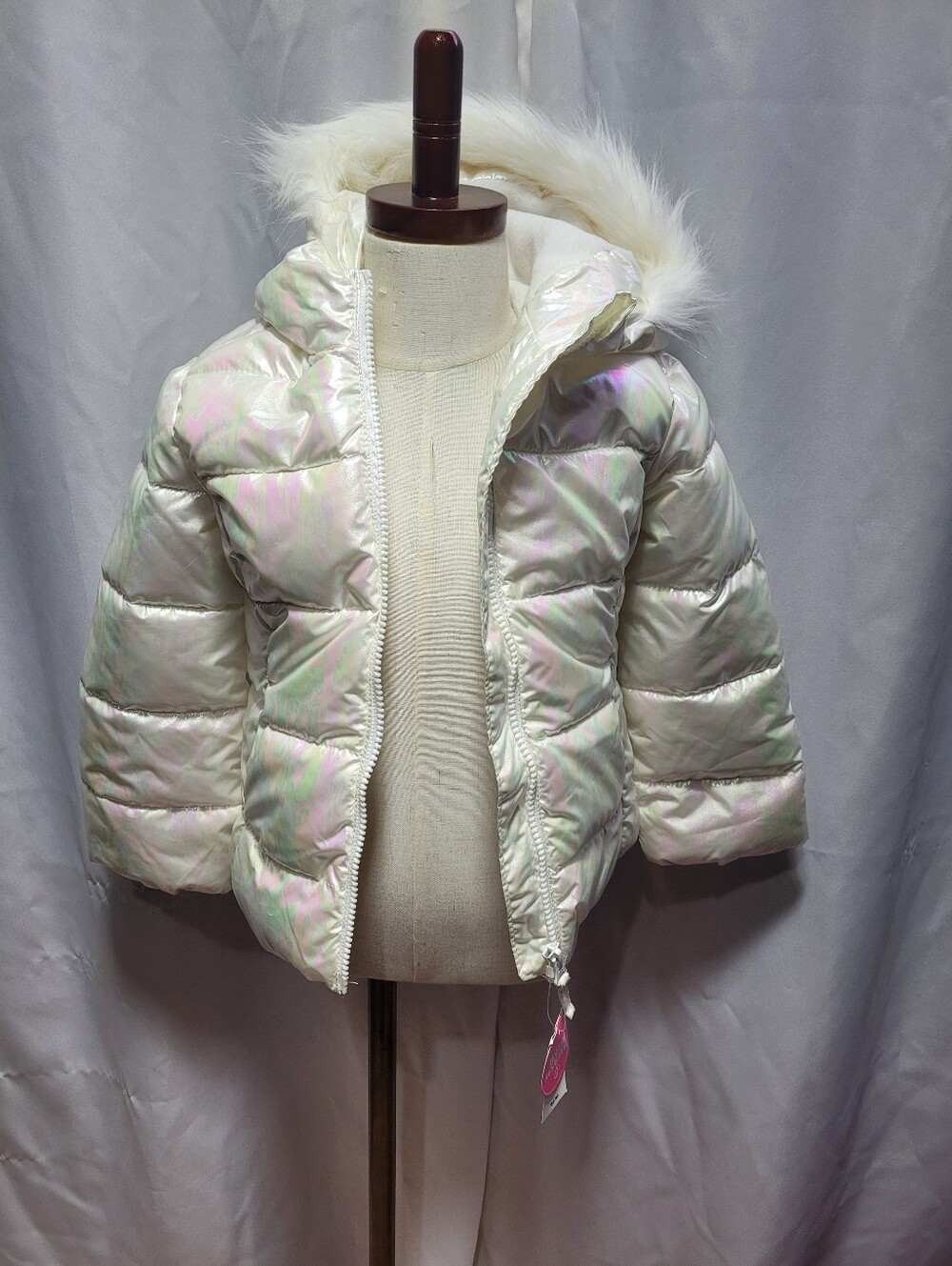 The Children's Place Iridescent White Faux Fur Hood Puffer Jacket